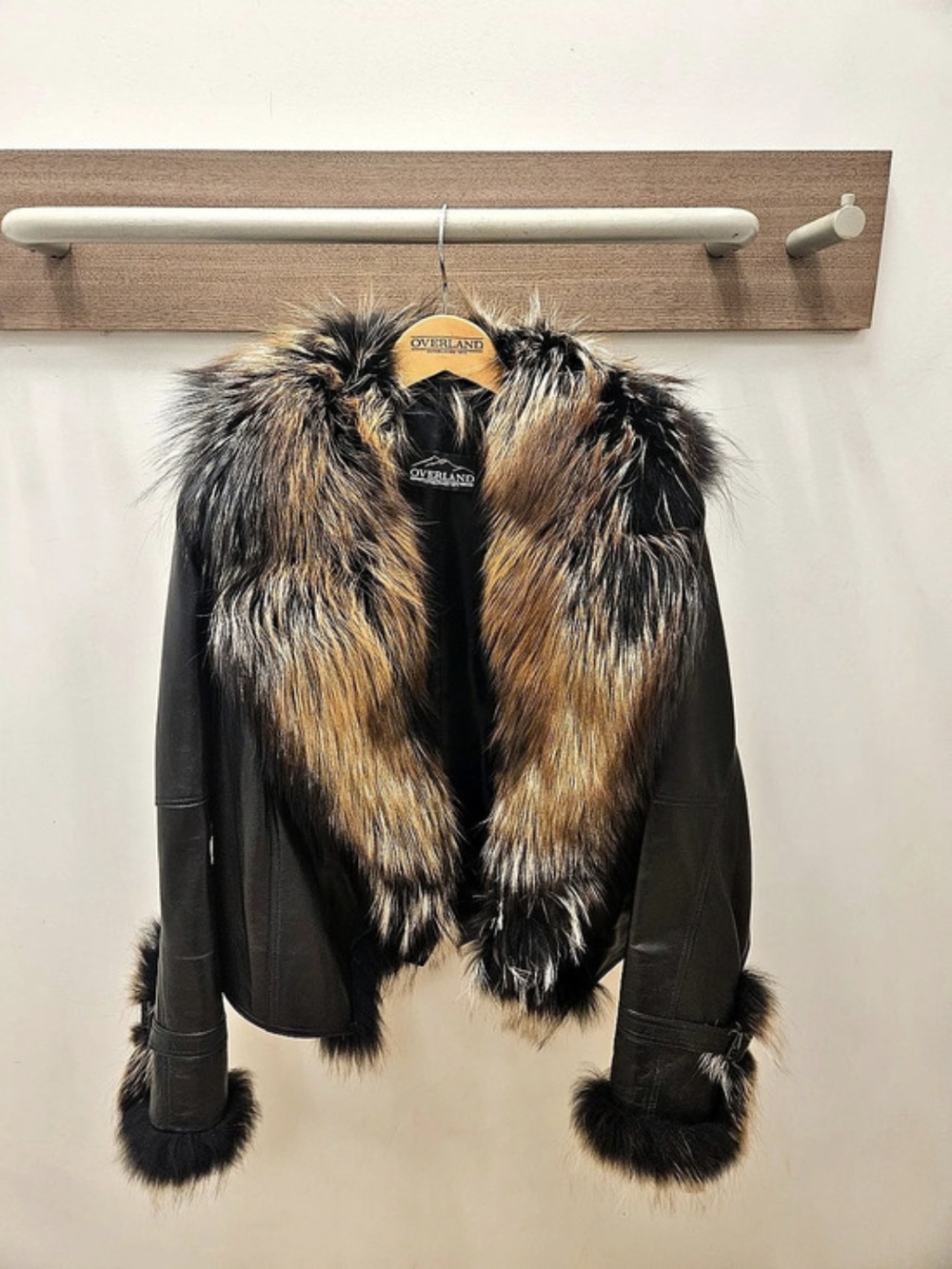 Overland Sheepskin Fur Trim Leather Jacket in Black & Brown